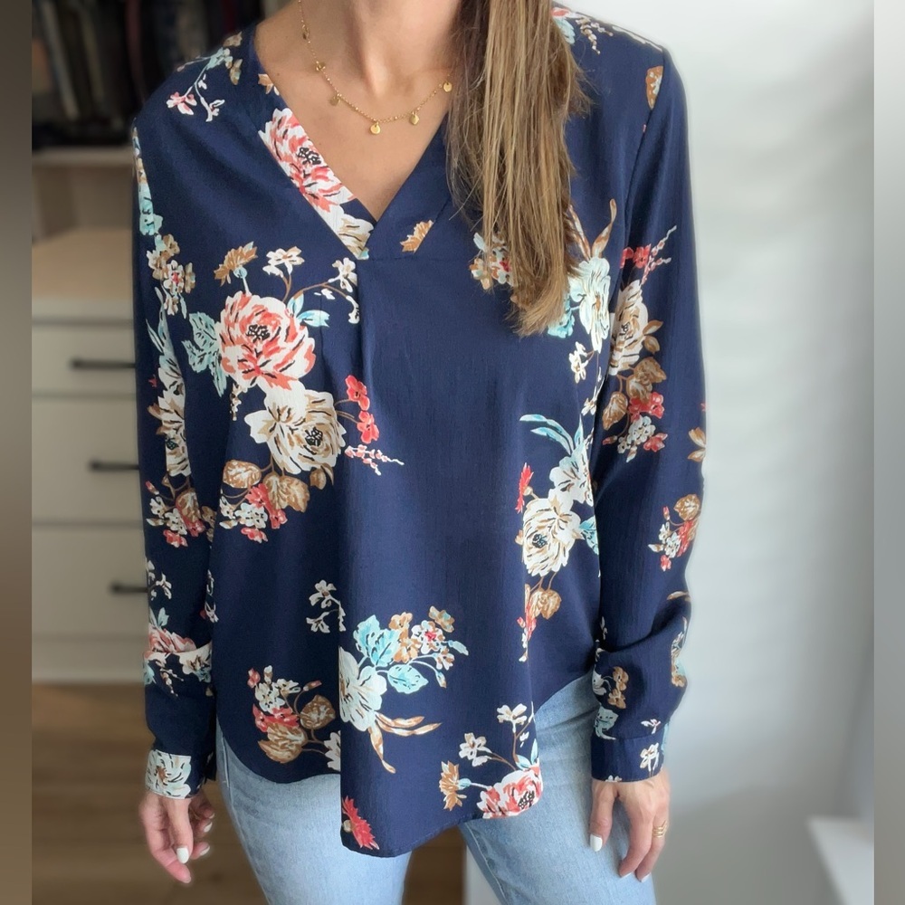 Blue Floral Long Sleeve Blouse - XS